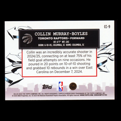 Collin Murray-Boyles RC 2025-26 Topps Clutch City Prospects Rookie Raptors