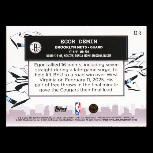 Egor Demin RC 2025-26 Topps Clutch City Prospects Rookie Nets