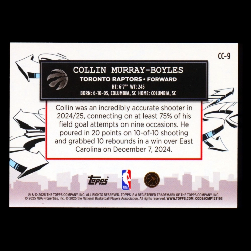 Collin Murray-Boyles RC 2025-26 Topps Clutch City Prospects Rookie Raptors