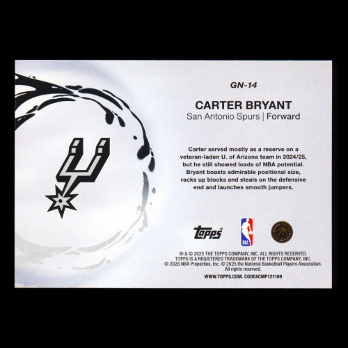Carter Bryant RC 2025-26 Topps Generation Now Rookie Spurs
