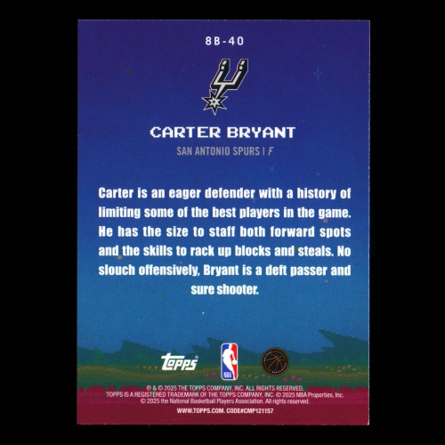 Carter Bryant RC 2025-26 Topps 8-Bit Ballers Rookie Spurs