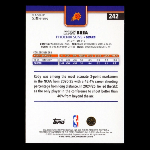 Koby Brea RC 2025-26 Topps Rookie Suns