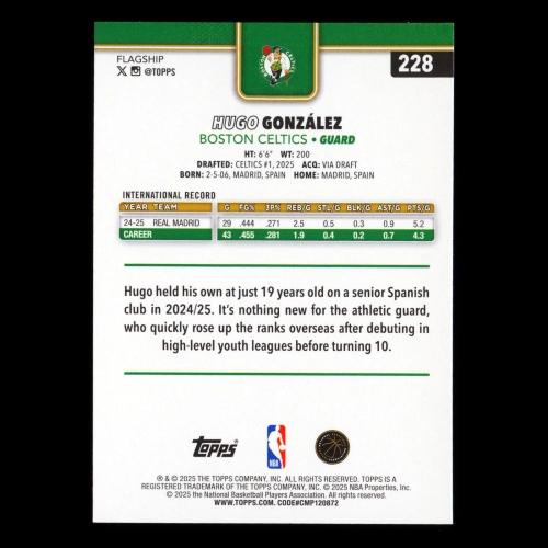Hugo Gonzlez RC 2025-26 Topps Rookie Celtics