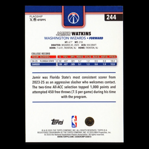 Jamir Watkins RC 2025-26 Topps Rookie Wizards
