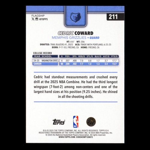 Cedric Coward RC 2025-26 Topps Rookie Grizzlies