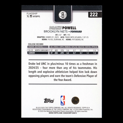 Drake Powell RC 2025-26 Topps Rookie Nets