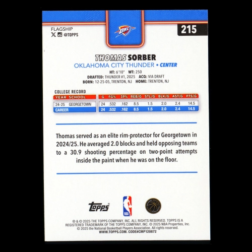 Thomas Sorber RC 2025-26 Topps Rookie Thunder