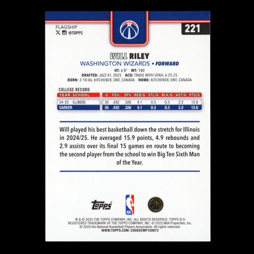 Will Riley RC 2025-26 Topps Rookie Wizards