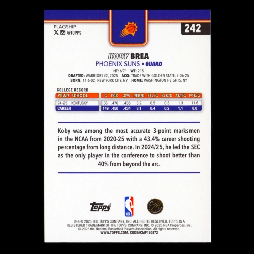 Koby Brea RC 2025-26 Topps Rookie Suns