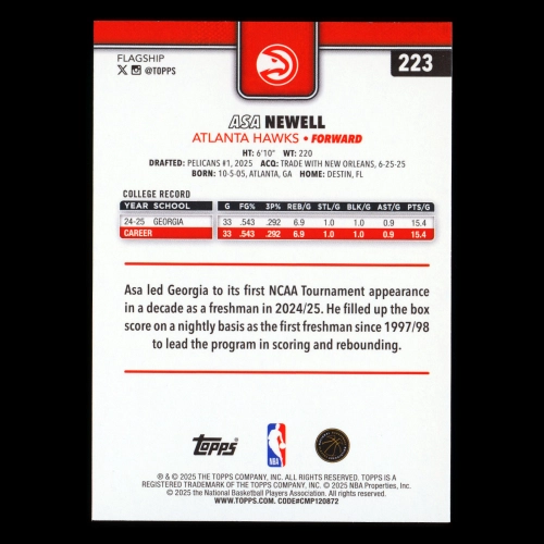 Asa Newell RC 2025-26 Topps Rookie Hawks