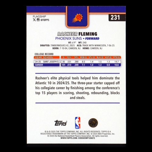 Rasheer Fleming RC 2025-26 Topps Rookie Suns
