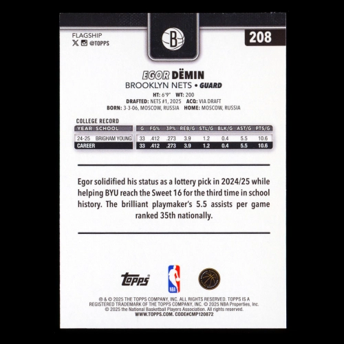 Egor Dmin RC 2025-26 Topps Rookie Nets