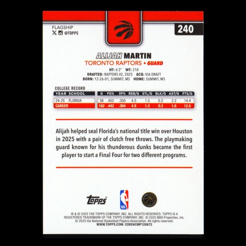 Alijah Martin RC 2025-26 Topps Rookie Raptors