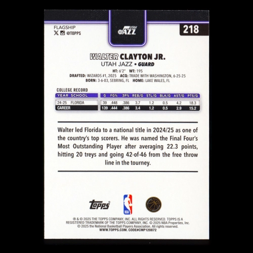 Walter Clayton Jr. RC 2025-26 Topps Rookie Jazz