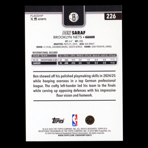 Ben Saraf RC 2025-26 Topps Rookie Nets