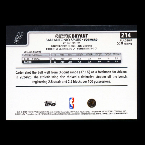 Carter Bryant RC 2025-26 Topps Rookie Spurs