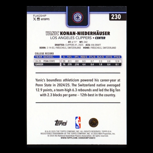 Yanic Konan-Niederhuser RC 2025-26 Topps Rookie Clippers