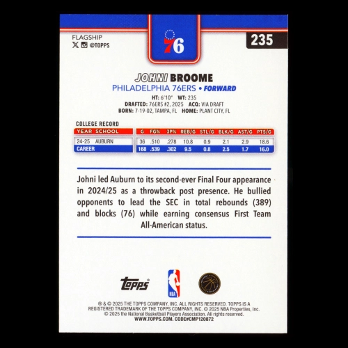 Johni Broome RC 2025-26 Topps Rookie 76ers