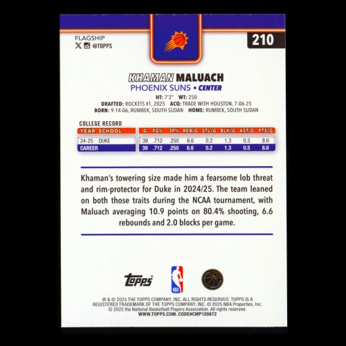 Khaman Maluach RC 2025-26 Topps Rookie Suns