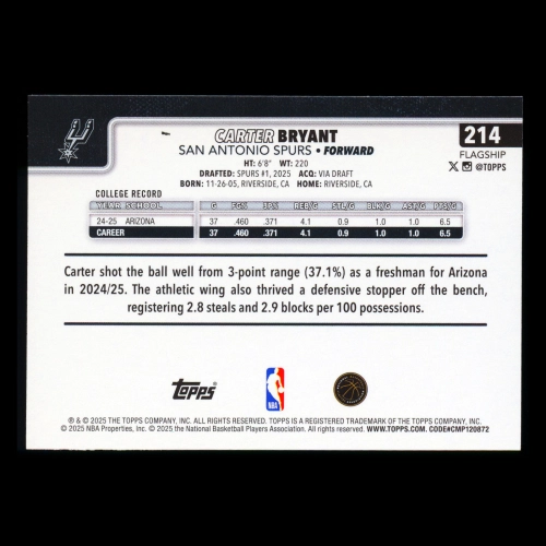 Carter Bryant RC 2025-26 Topps Rookie Spurs