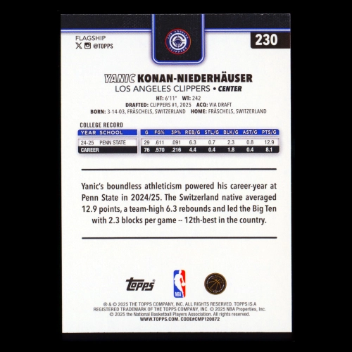 Yanic Konan-Niederhuser RC 2025-26 Topps Rookie Clippers