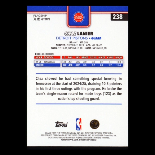 Chaz Lanier RC 2025-26 Topps Rookie Pistons