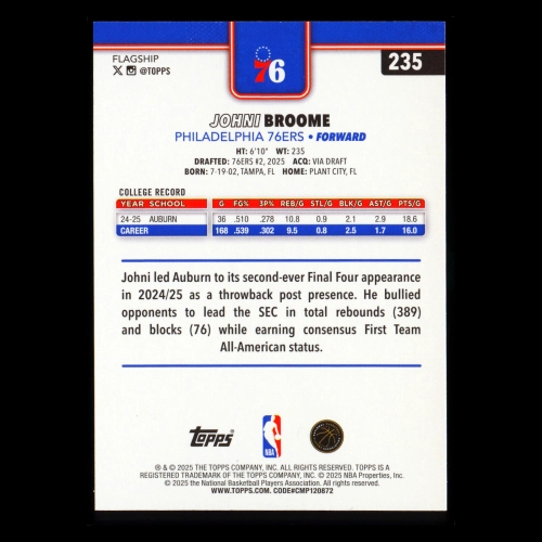 Johni Broome RC 2025-26 Topps Rookie 76ers
