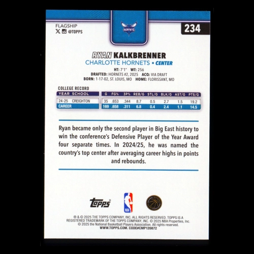 Ryan Kalkbrenner RC 2025-26 Topps Rookie Hornets