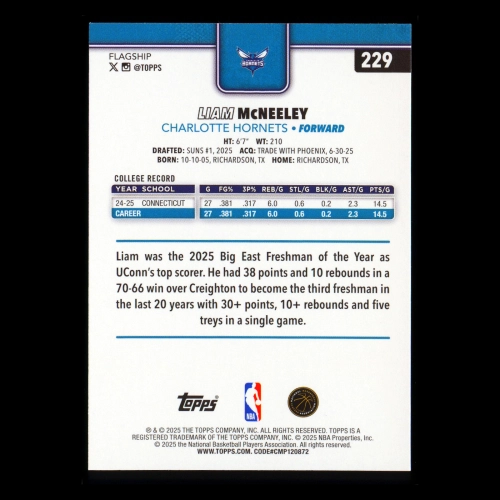 Liam McNeeley RC 2025-26 Topps Rookie Hornets