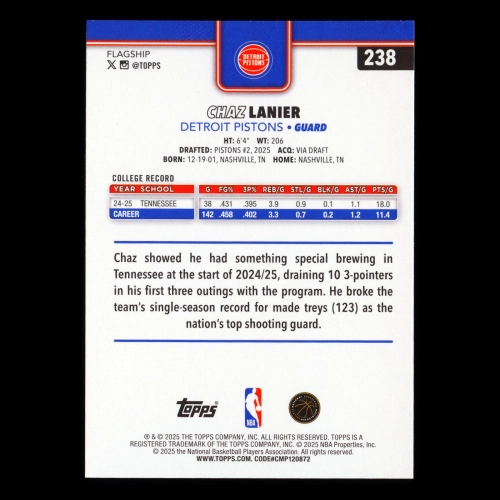 Chaz Lanier RC 2025-26 Topps Rookie Pistons