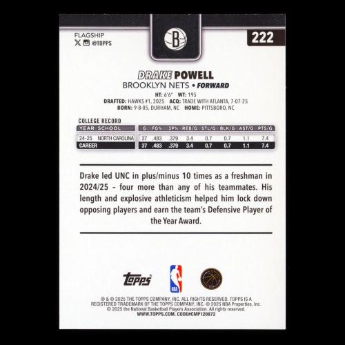 Drake Powell RC 2025-26 Topps Rookie Nets