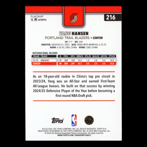 Yang Hansen RC 2025-26 Topps Rookie Trail Blazers
