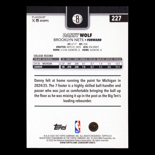 Danny Wolf RC 2025-26 Topps Rookie Nets