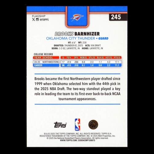 Brooks Barnhizer RC 2025-26 Topps Rookie Thunder