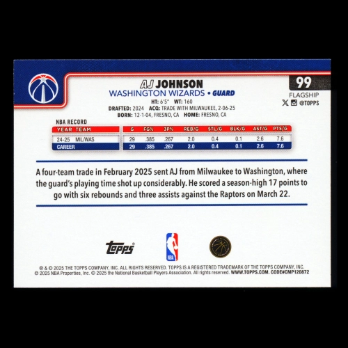 AJ Johnson 2025-26 Topps Season Tip Off Wizards