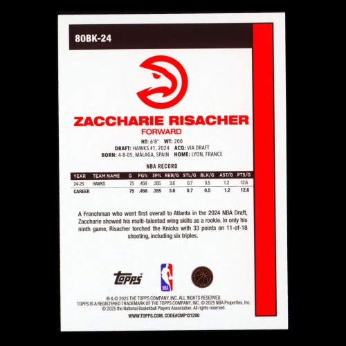 Zaccharie Risacher 2025-26 Topps '80-81 Topps Retro Hawks