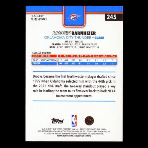 Brooks Barnhizer RC 2025-26 Topps Rookie Thunder