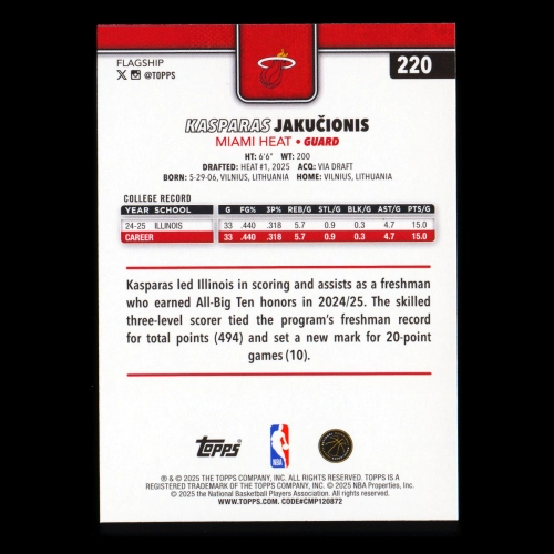 Kasparas Jakuionis RC 2025-26 Topps Rookie Heat