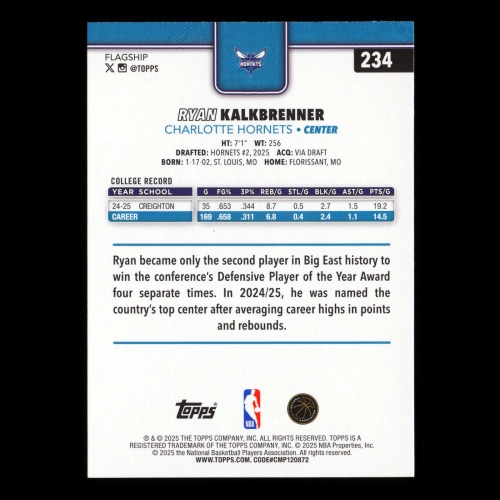 Ryan Kalkbrenner RC 2025-26 Topps Rookie Hornets