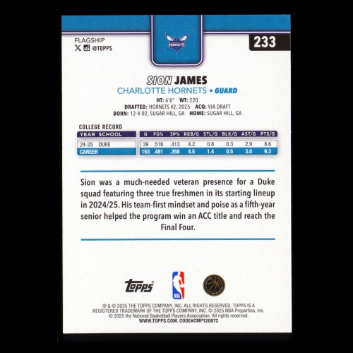 Sion James RC 2025-26 Topps Rookie Hornets