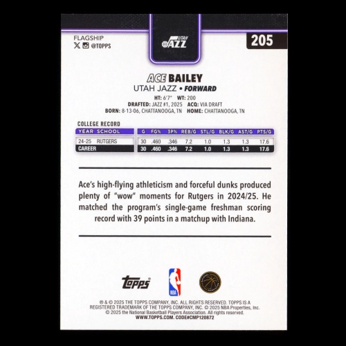 Ace Bailey RC 2025-26 Topps Rookie Jazz