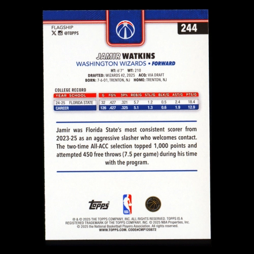 Jamir Watkins RC 2025-26 Topps Rookie Wizards
