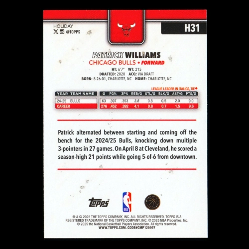 Patrick Williams 2025-26 Topps Holiday Glitter Holiday Bulls