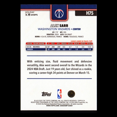 Alex Sarr 2025-26 Topps Holiday Glitter Holiday Wizards