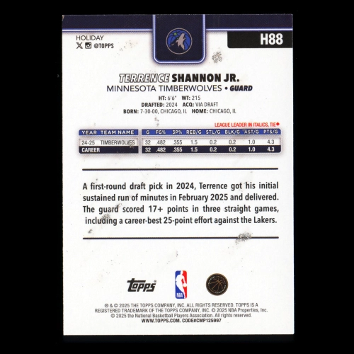 Terrence Shannon Jr. 2025-26 Topps Holiday Glitter Holiday Timberwolves