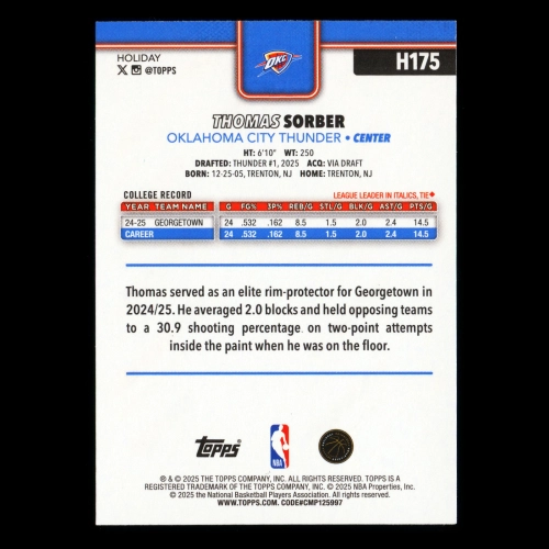 Thomas Sorber RC 2025-26 Topps Holiday Glitter Holiday Rookie Thunder