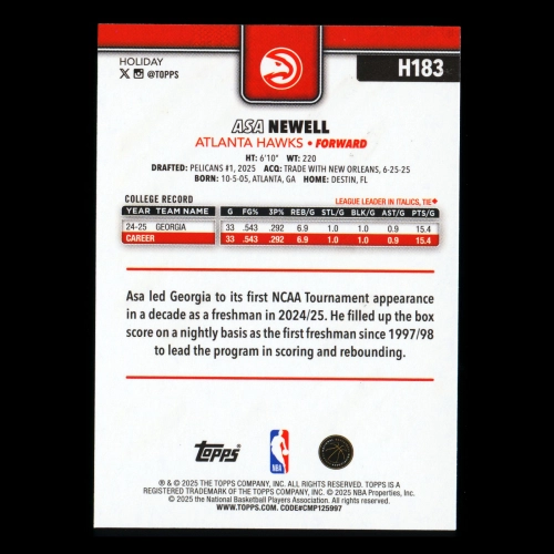 Asa Newell RC 2025-26 Topps Holiday Glitter Holiday Rookie Hawks