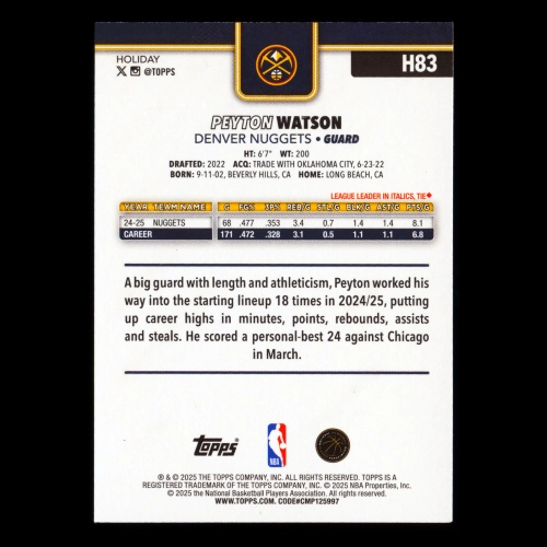 Peyton Watson 2025-26 Topps Holiday Glitter Holiday Nuggets