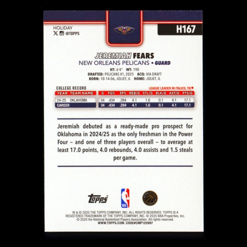 Jeremiah Fears RC 2025-26 Topps Holiday Rookie Pelicans