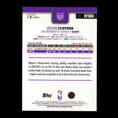 Nique Clifford RC 2025-26 Topps Holiday Rookie Kings